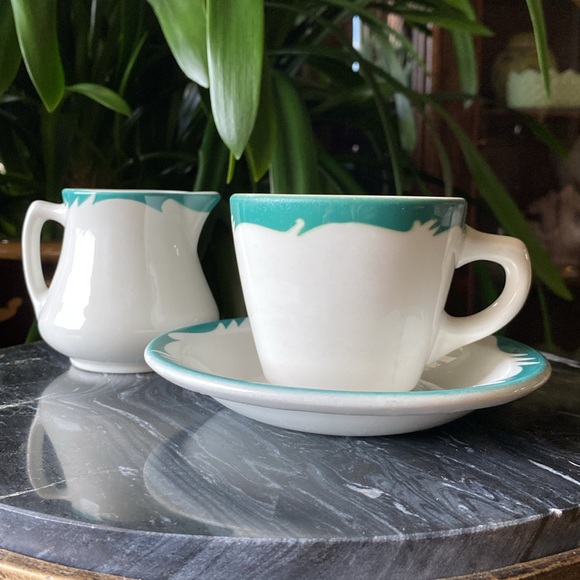 7 Piece Turquoise Restaurantware Heath 1960’s Creamer + 3 Sets of Cups & Saucers - Picture 3 of 11